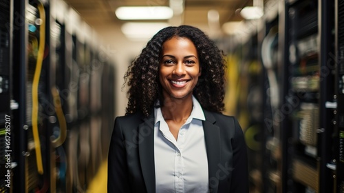 Portrait of Black woman engineer tech in computer server room photo