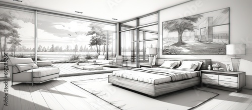 Interior perspective of a black and white bedroom sketch
