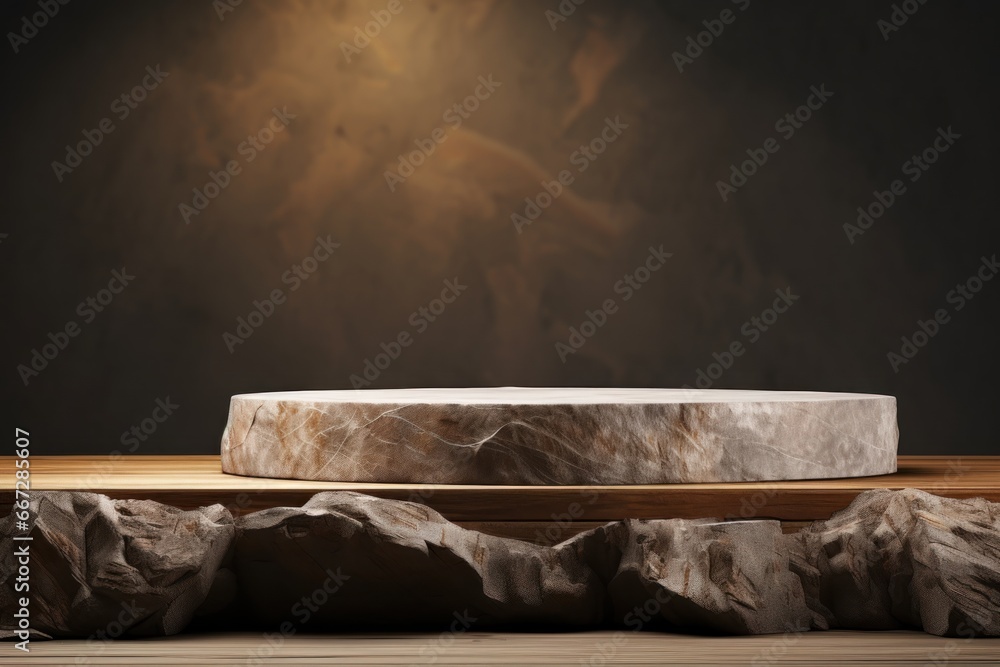 Empty marble podium on table against dark background. Mockup for design. Mockup for Branding and Packaging Presentation. Product Advertising Podium On a Background with Copy Space.