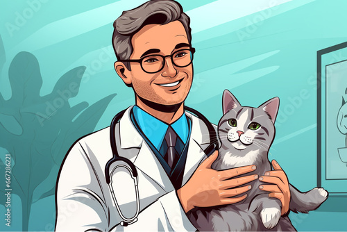 The vet examines the health of the cat