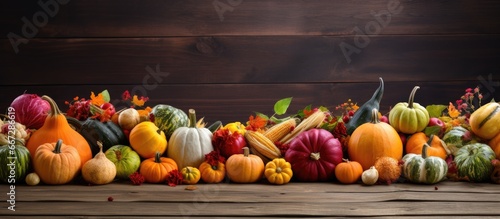 Autumnal fruits and gourds on rustic wooden table for harvest or Thanksgiving background