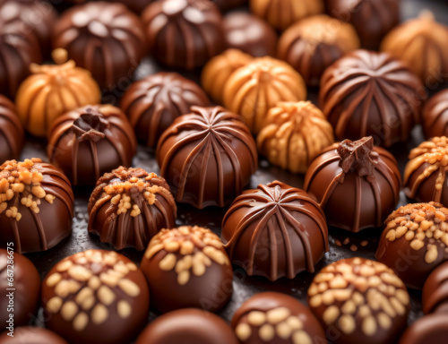 Handmade Premium collection of Chocolate Candies on a dark Chocolate background.