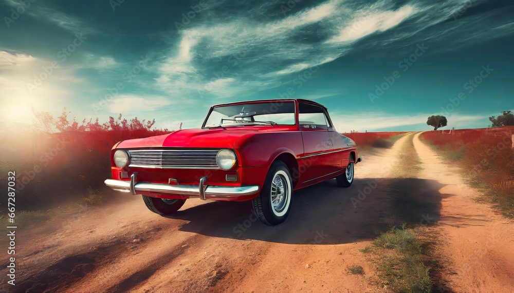 Dramatic shades sport red car on a dirt road