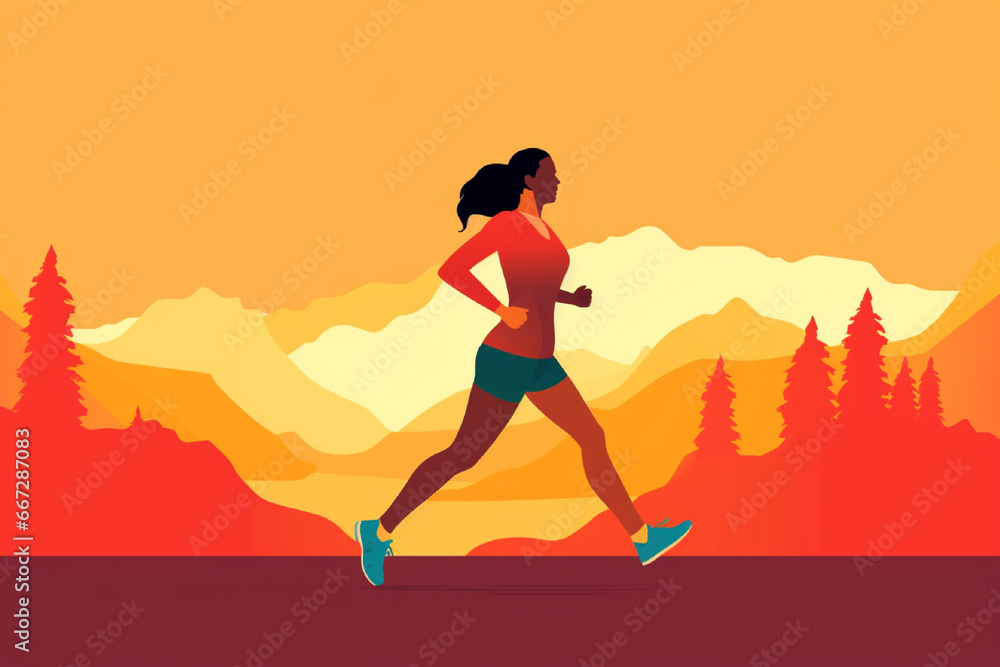 Vector illustration of a woman running in a city park at sunset