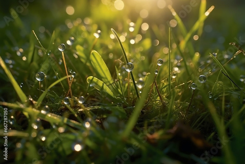 Fresh grass with dew drops close-up. Nature background.