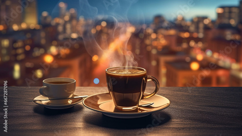 Coffee cup on wooden table in front of city skyline
