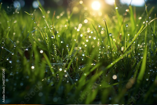 Fresh grass with dew drops close-up. Nature background.