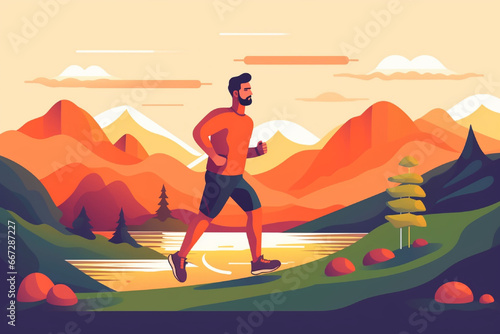 Vector illustration of a woman running in a city park at sunset