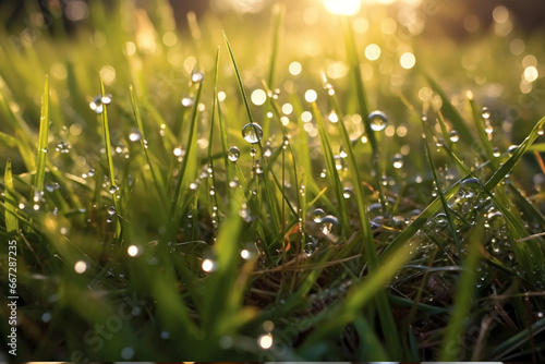 Fresh grass with dew drops close-up. Nature background.