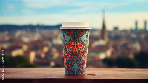 Coffee to go in paper cup with floral pattern and cityscape on the background