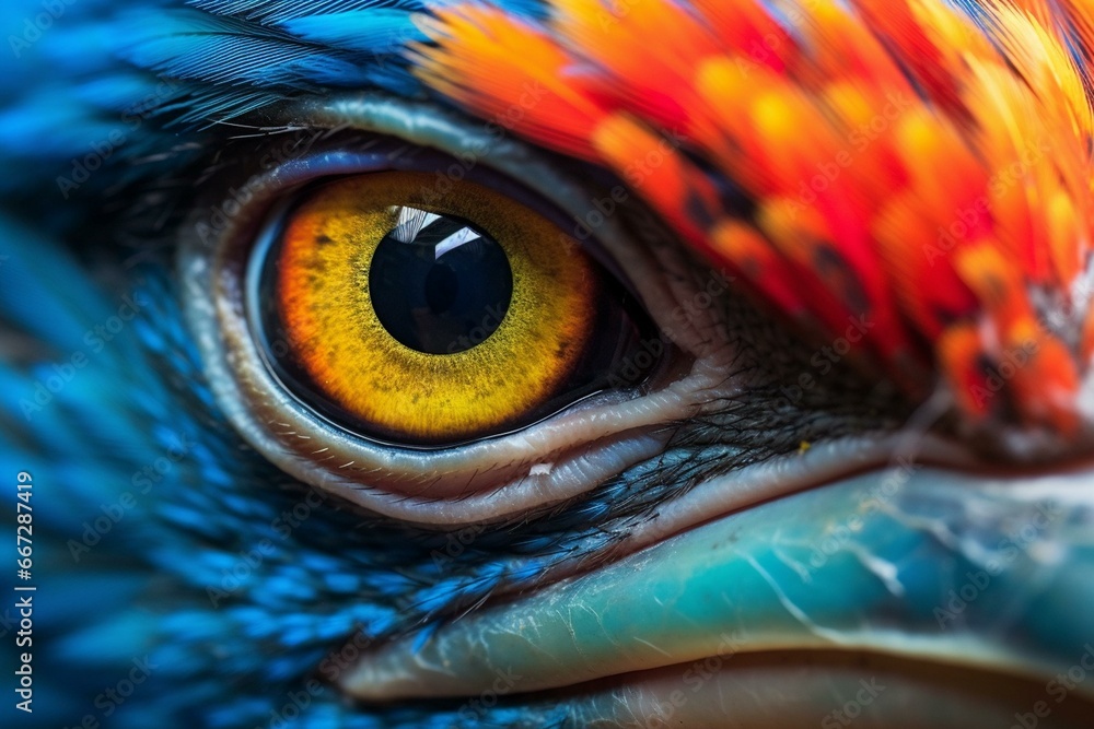close-up of colorful bird's beak and eyes. Generative AI - obrazy, fototapety, plakaty 