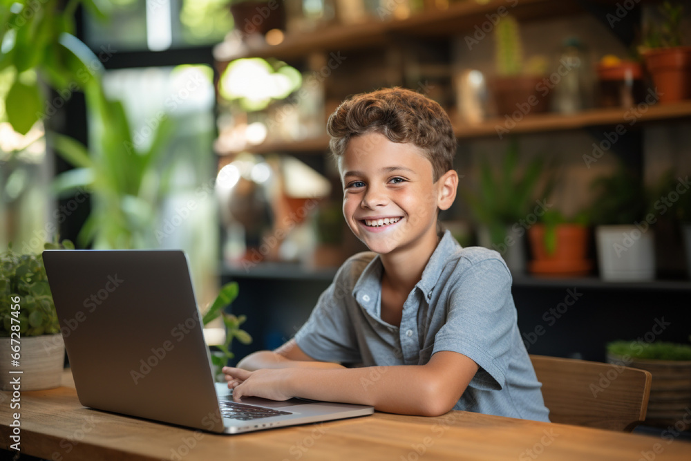 Smiling boy in eyeglasses sitting at table with laptop in office Smiling boy in eyeglasses sitting at table with laptop in office