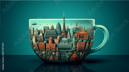 Cup full of famous monuments of the world. 3D rendering
