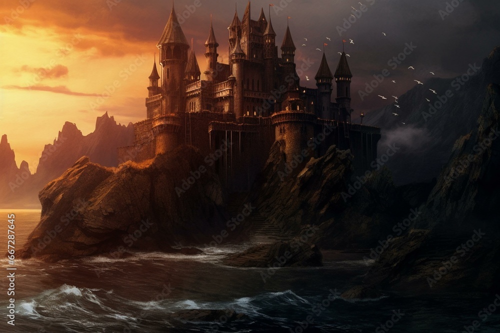 Fantasy castle on a rocky shore with dark tones and high resolution. Illustration art. Generative AI