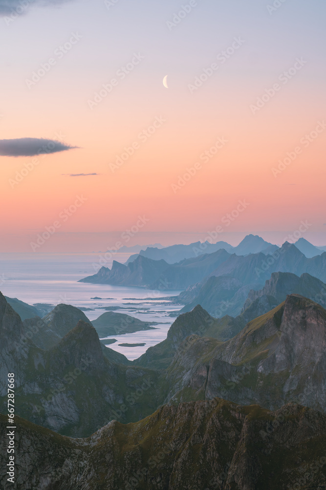 Aerial view Lofoten islands sunset landscape mountains and fjord in Norway travel beautiful destinations tranquil scenery scandinavian northern nature