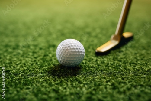 A golf ball and club on the putting greens with a hole. Generative AI