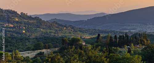 Sunset in Tuscany, Italy. Panoramic view of the hills.