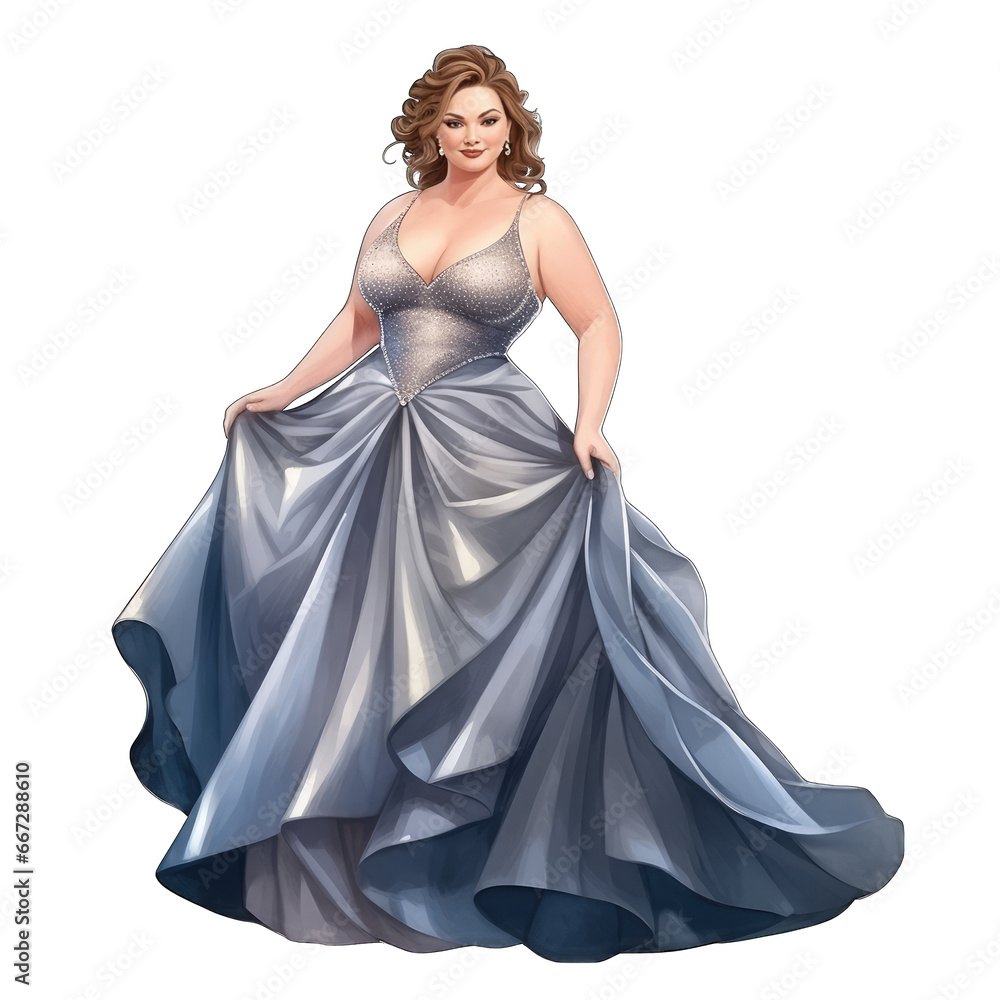 Beautiful curvy woman wearing an elaborate, fancy ballgown, isolated on transparent background