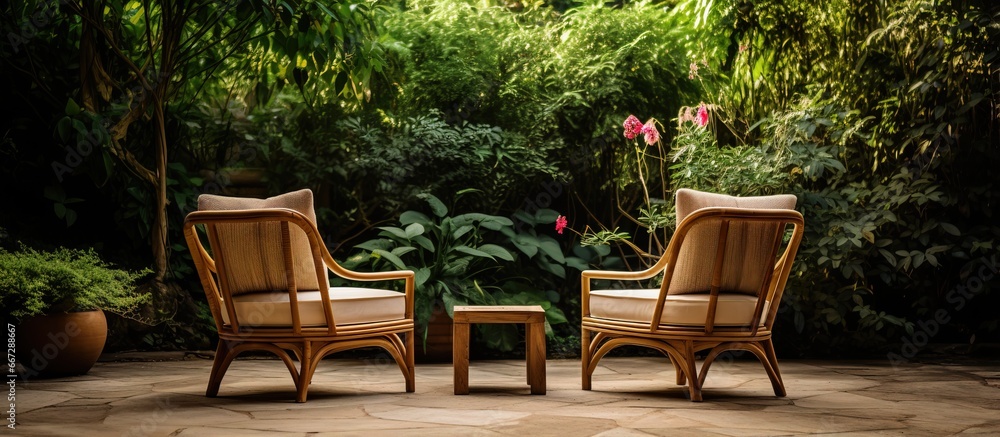 Two chairs made of Rattan in the outdoor garden area