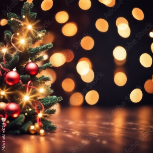 Closeup of Decorated Christmas tree on blurred  sparkling and fairy light background
