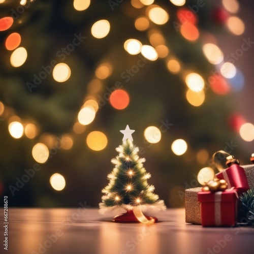 Closeup of Decorated Christmas tree on blurred, sparkling and fairy light background