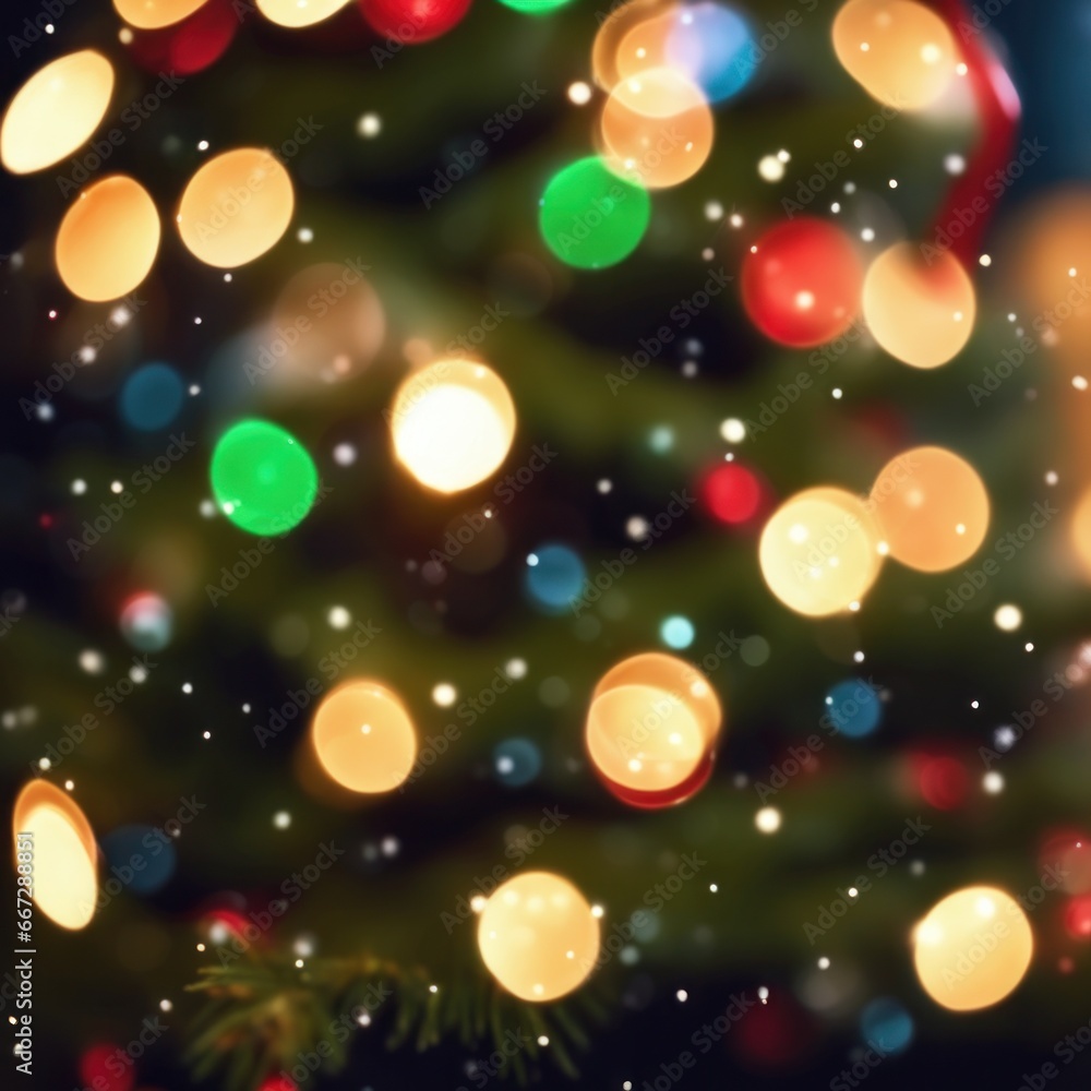 Closeup of Decorated Christmas tree on blurred, sparkling and fairy light background