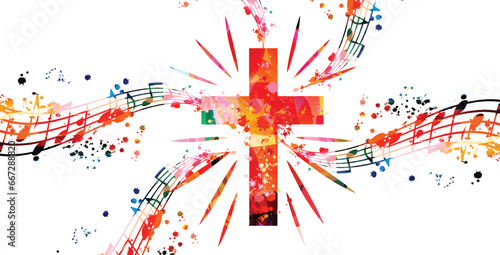Creative music style template vector illustration, colorful cross with music staff and notes background. Religion themed design for gospel church music and concert, choir singing, Christianity, prayer