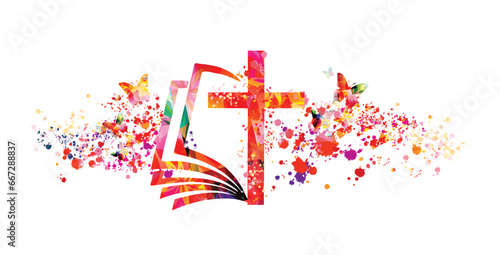 Colorful bible with christian cross isolated vector illustration. Religion themed background