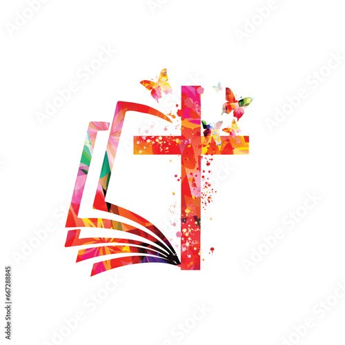 Colorful bible with christian cross isolated vector illustration. Religion themed background
