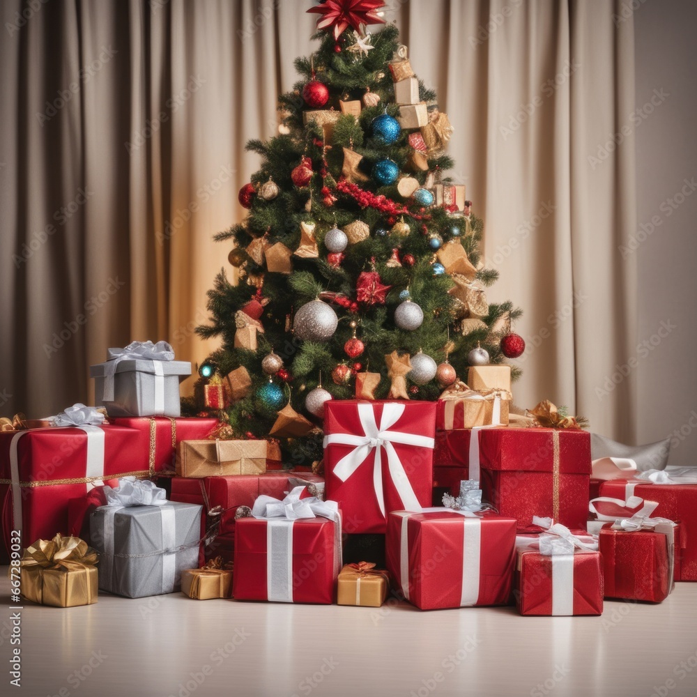 Presents and Wrapped Gifts boxes under Christmas Tree, Winter Holiday Concept