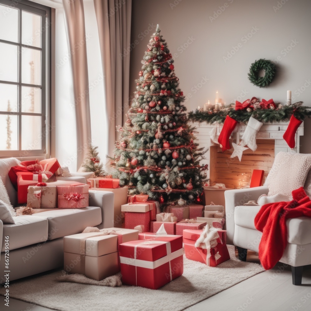 Obraz premium Presents and Wrapped Gifts boxes under Christmas Tree, Winter Holiday Concept