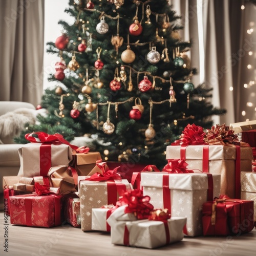 Beautiful Christmas gifts under tree in new year decorated house interior