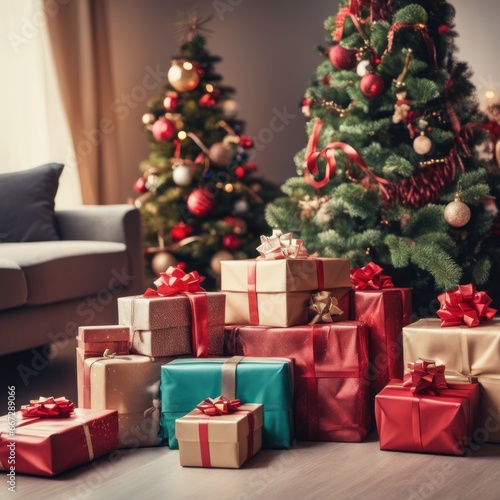 Presents and Wrapped Gifts boxes under Christmas Tree, Winter Holiday Concept © shaadjutt36