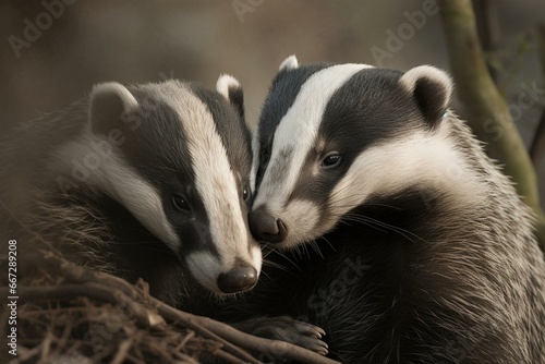 Affectionate badger couple sharing cuddles on Valentine's Day. Generative AI © Nova