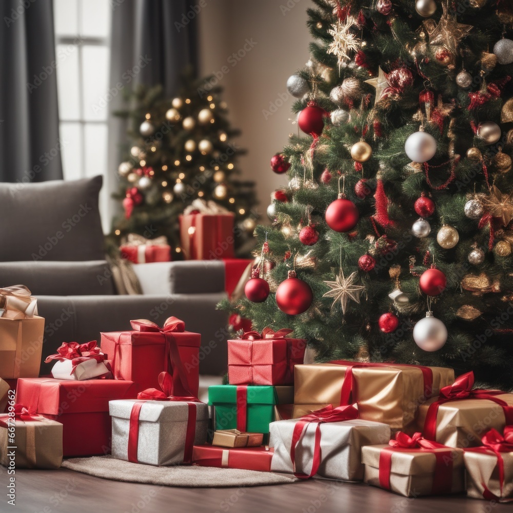 Presents and Wrapped Gifts boxes under Christmas Tree, Winter Holiday Concept Presents and Wrapped Gifts boxes under Christmas Tree, Winter Holiday Concept