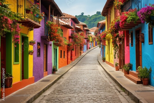 Vibrant street in Guatape, historic town of Colombia. Generative AI © Farrah