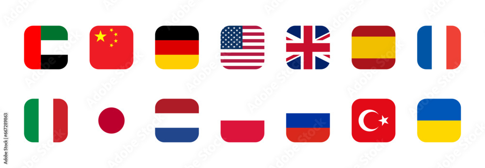 Soft Square Icon Set of UAE United Arab Emirates China Germany USA United States of America UK United Kingdom Spain France Italy Japan Netherlands Poland Russia Turkey Ukraine Flags. Vector Image.