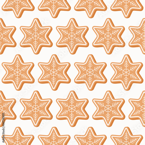 Seamless border pattern of gingerbread Christmas stars, on isolated background. Hand drawn design for Winter, Christmas and New Year celebration, for paper crafts or home decor. 