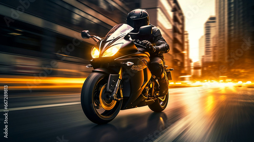 Sports motorcycle biker rider on blurred city street © BeautyStock