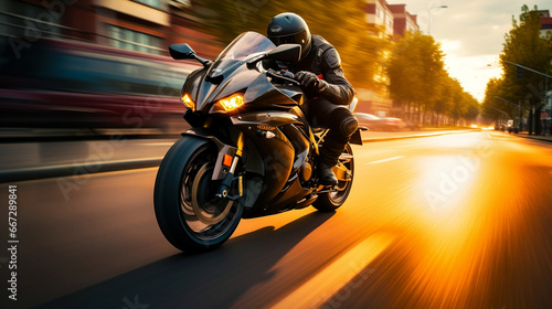 Sports motorcycle biker rider on blurred city street
