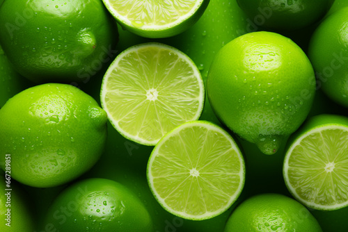 Slices of lime and limes as a background. Top view.