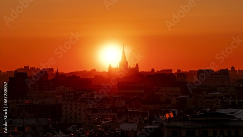 Sunset timelapse over Moscow skyline with Moscow State University (MGU)