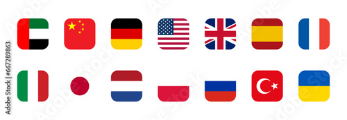 Soft Square Icon Set of UAE United Arab Emirates China Germany USA United States of America UK United Kingdom Spain France Italy Japan Netherlands Poland Russia Turkey Ukraine Flags. Vector Image.