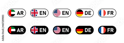 Toggle Slider Style Flag Selection Button Icon Set including UAE UK USA Germany and France Flags with Language Codes for Arabic, English, German and French. Vector Image.