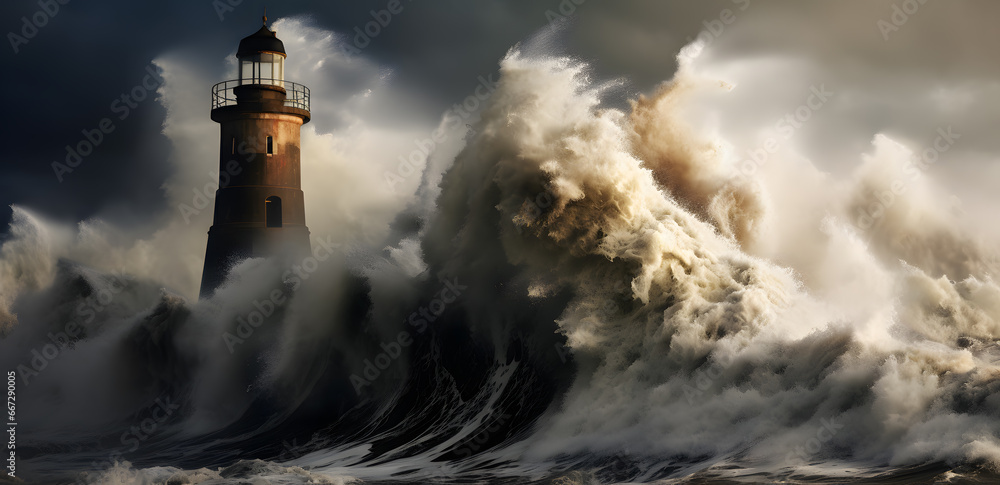lighthouse getting hit by strong waves in a storm in the ocean - obrazy, fototapety, plakaty 