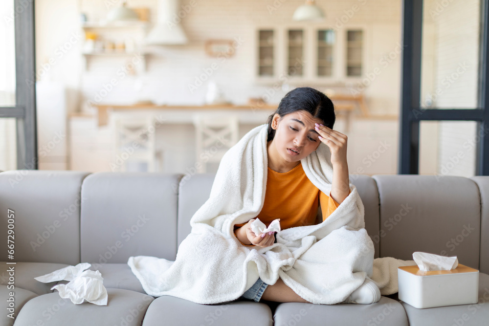 Portrait Of Sick Young Indian Woman Feeling Unwell At Home Portrait Of Sick Young Indian Woman Feeling Unwell At Home
