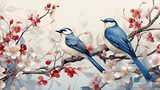 obraz przedstawiający dwa kolorowe ptaki siedzące na gałęzi przy kolorowych kwiatach w japonskim stylu