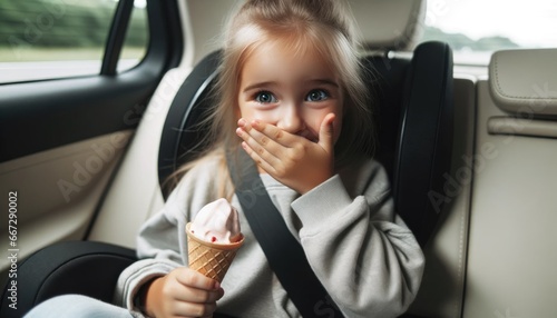 Car detailing and interior cleaning with a little child with ice cream fearing for potential spill in light beige backseat