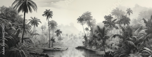 Tropikalny las z palmami nad rzeką. 