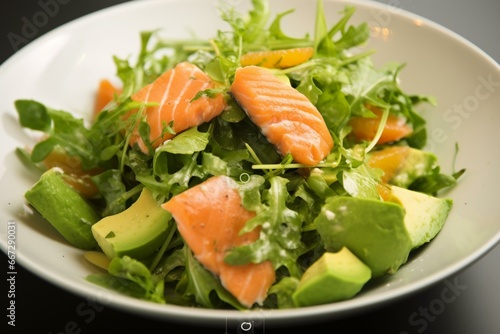 A healthy salad featuring fresh salmon and creamy avocado. Generative AI